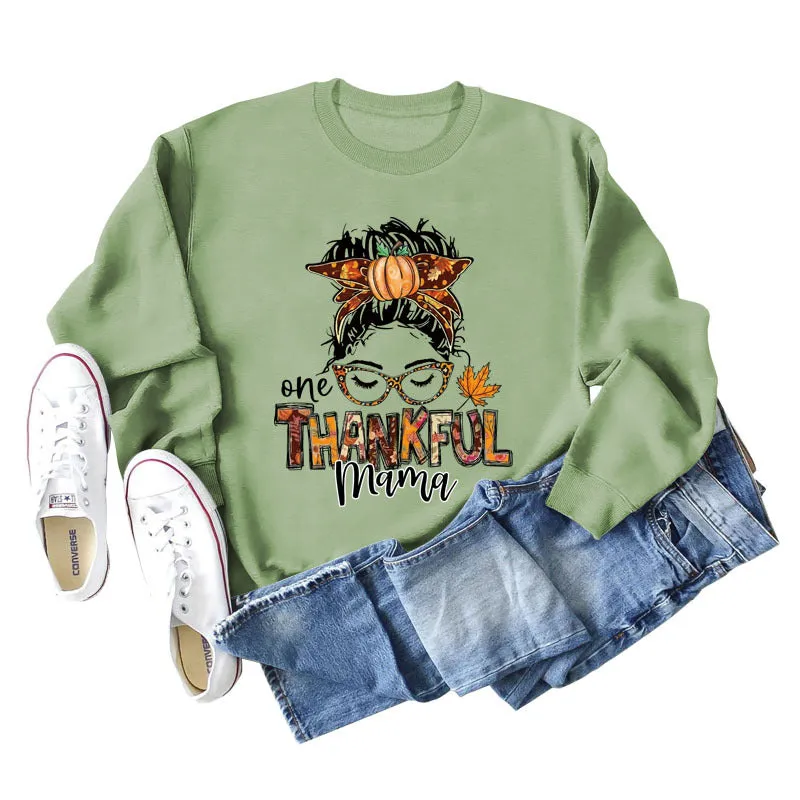 ONE THANKFUL MAMA Letter Pumpkin Halloween Round Neck Long Sleeve Sweatshirt with Large Size