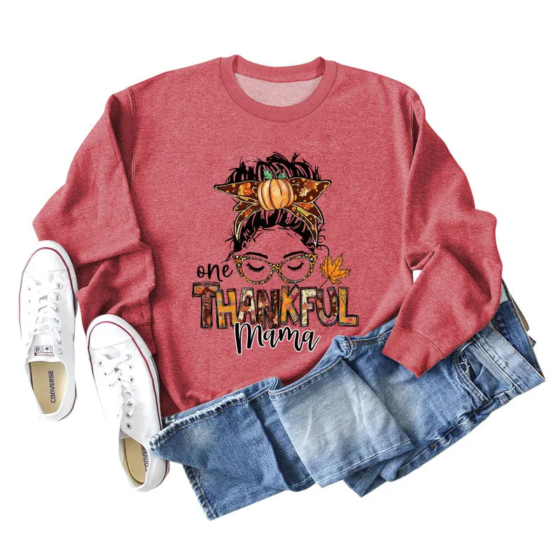 ONE THANKFUL MAMA Letter Pumpkin Halloween Round Neck Long Sleeve Sweatshirt with Large Size