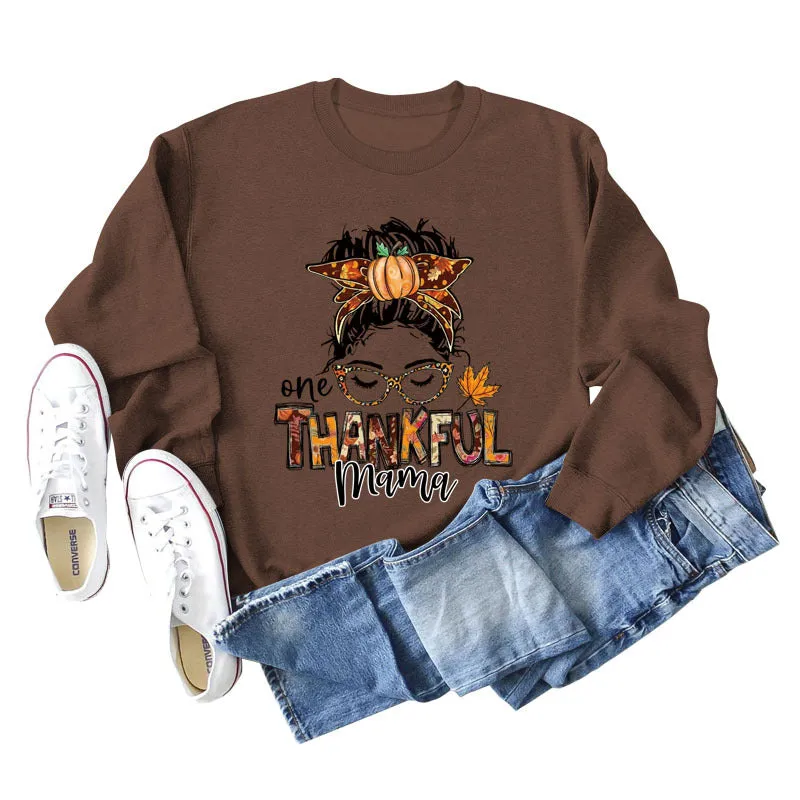 ONE THANKFUL MAMA Letter Pumpkin Halloween Round Neck Long Sleeve Sweatshirt with Large Size