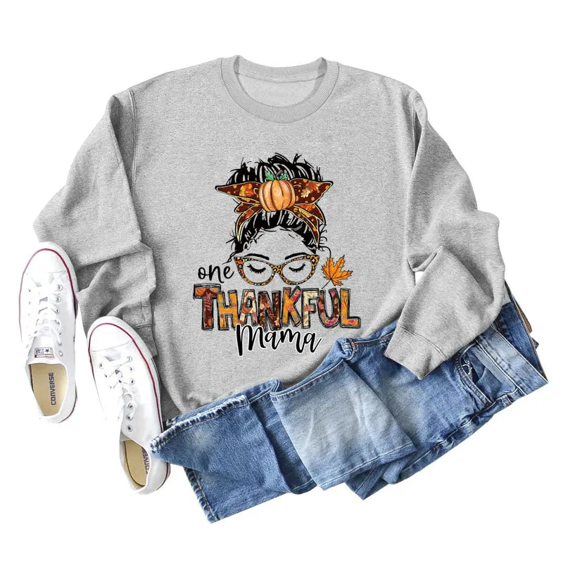 ONE THANKFUL MAMA Letter Pumpkin Halloween Round Neck Long Sleeve Sweatshirt with Large Size