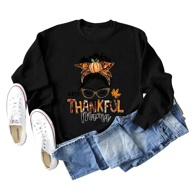 ONE THANKFUL MAMA Letter Pumpkin Halloween Round Neck Long Sleeve Sweatshirt with Large Size