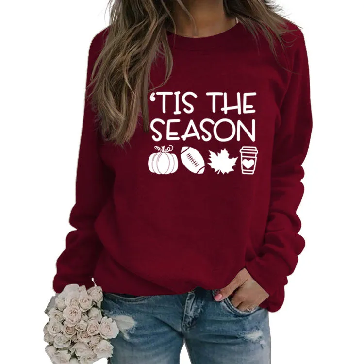 Pullover Round Neck Loose Top Long Sleeve TIS THE SEASON Printed Sweater