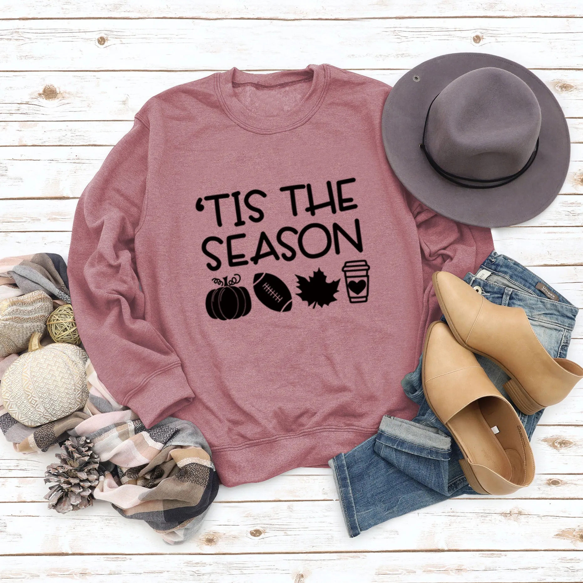 Pullover Round Neck Loose Top Long Sleeve TIS THE SEASON Printed Sweater