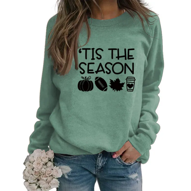 Pullover Round Neck Loose Top Long Sleeve TIS THE SEASON Printed Sweater