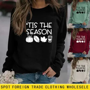 Pullover Round Neck Loose Top Long Sleeve TIS THE SEASON Printed Sweater