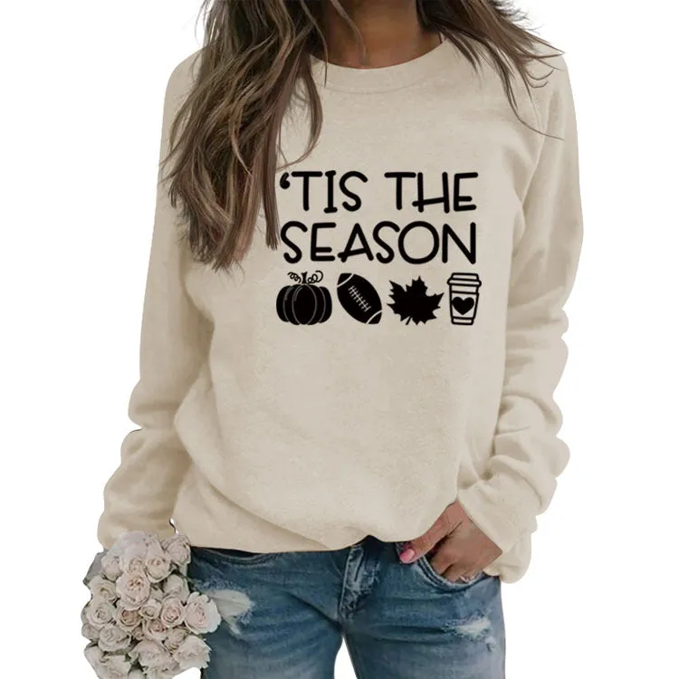 Pullover Round Neck Loose Top Long Sleeve TIS THE SEASON Printed Sweater