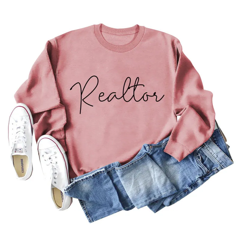 Realtor Loose Letter Womens Crewneck Long Sleeve Plus Size Sweater