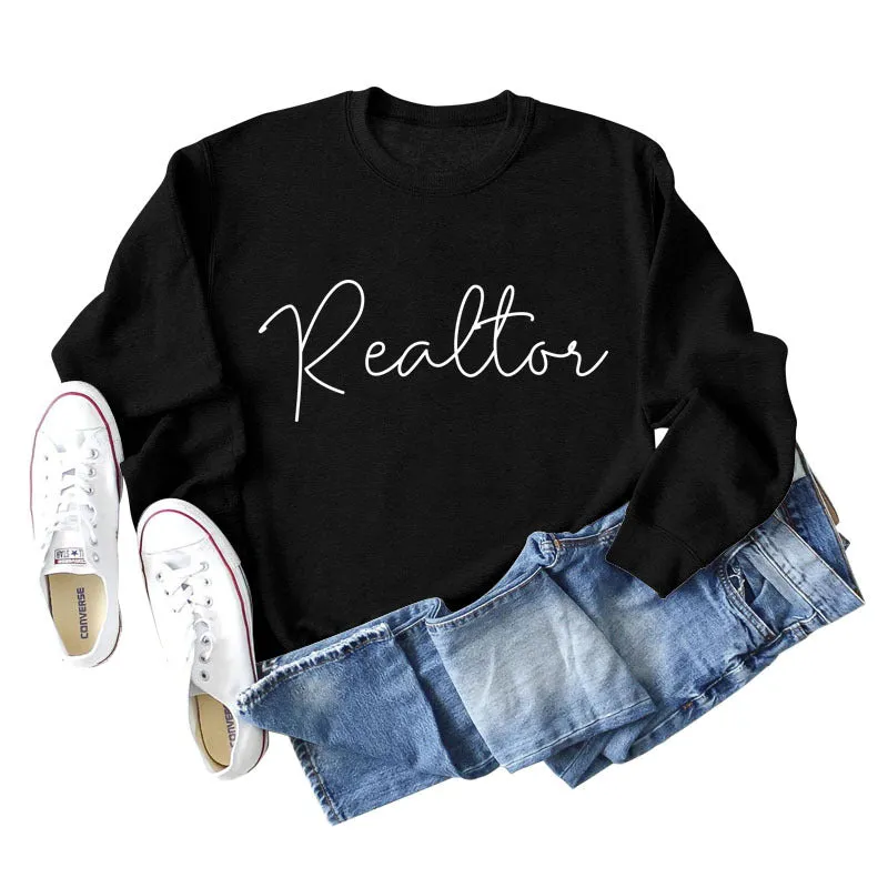 Realtor Loose Letter Womens Crewneck Long Sleeve Plus Size Sweater