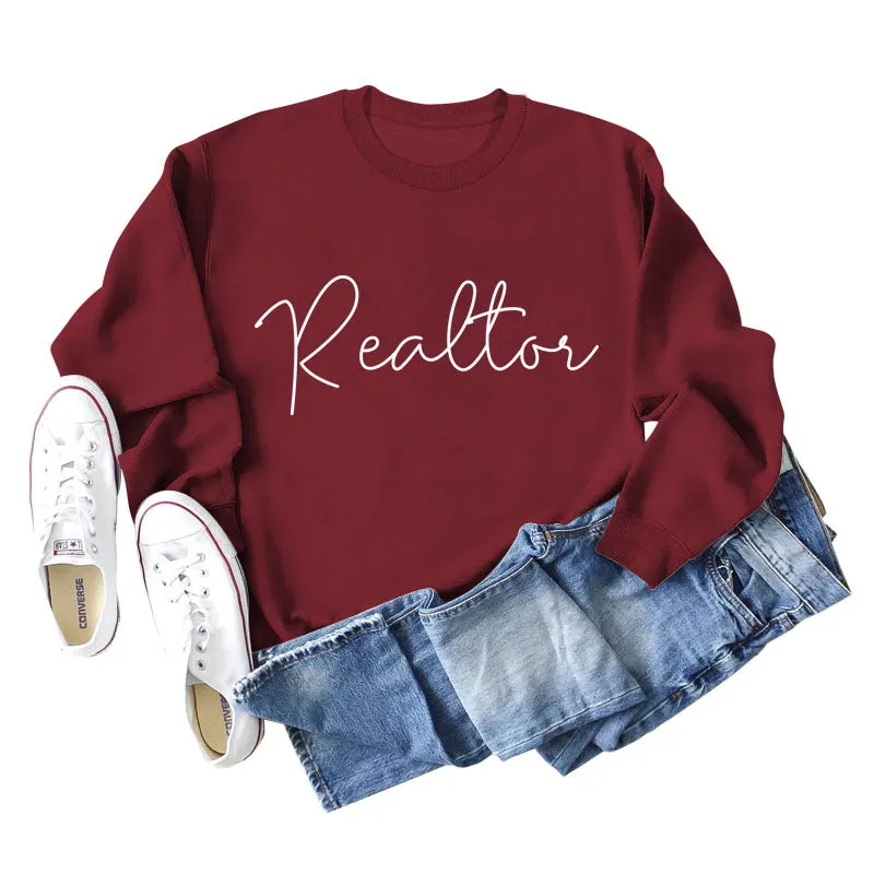 Realtor Loose Letter Womens Crewneck Long Sleeve Plus Size Sweater