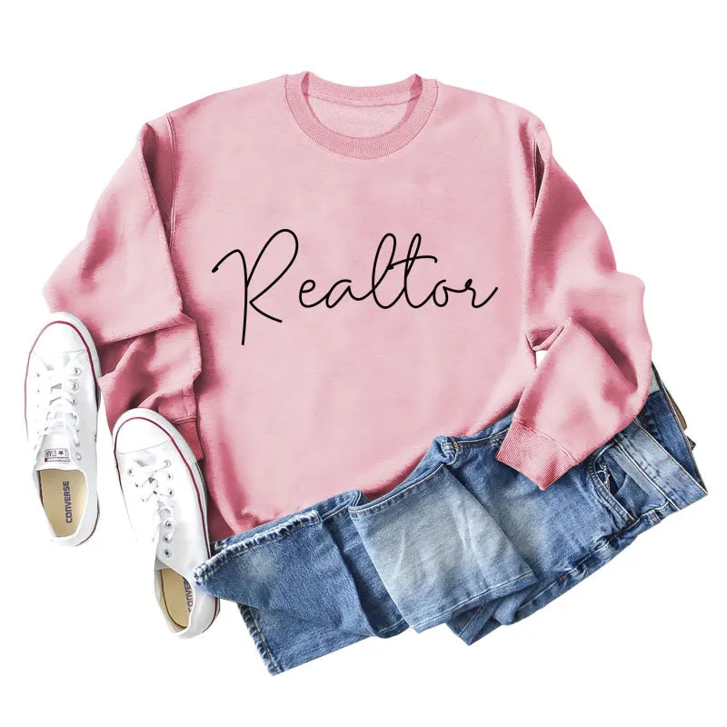 Realtor Loose Letter Womens Crewneck Long Sleeve Plus Size Sweater