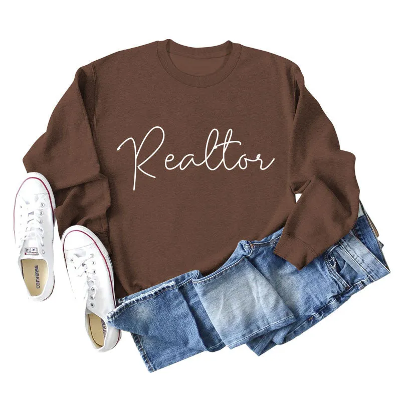 Realtor Loose Letter Womens Crewneck Long Sleeve Plus Size Sweater