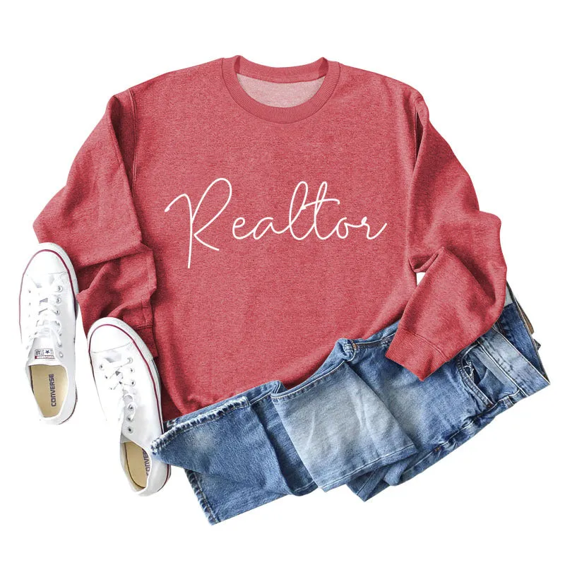 Realtor Loose Letter Womens Crewneck Long Sleeve Plus Size Sweater