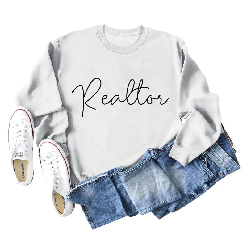 Realtor Loose Letter Womens Crewneck Long Sleeve Plus Size Sweater