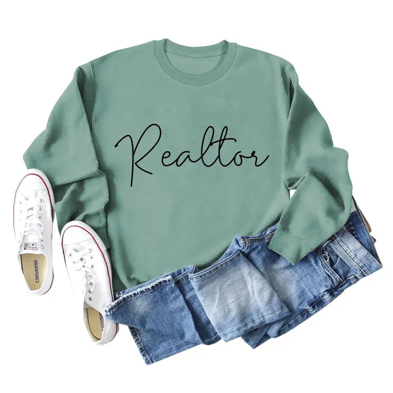 Realtor Loose Letter Womens Crewneck Long Sleeve Plus Size Sweater