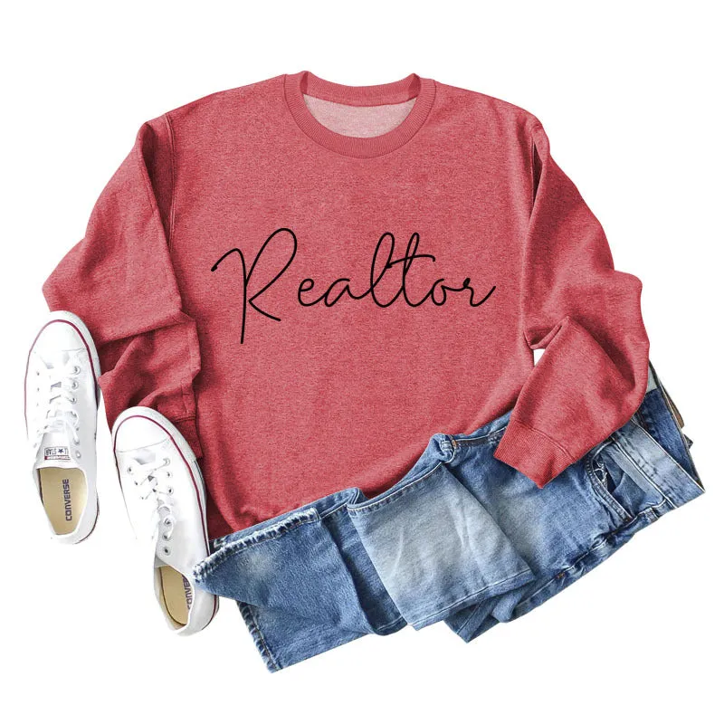 Realtor Loose Letter Womens Crewneck Long Sleeve Plus Size Sweater