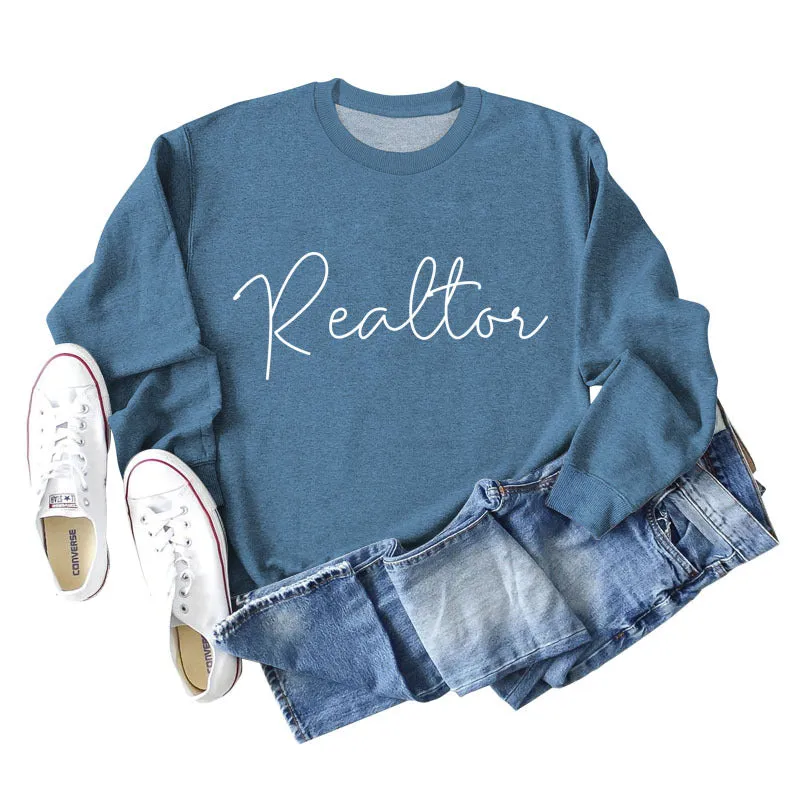 Realtor Loose Letter Womens Crewneck Long Sleeve Plus Size Sweater