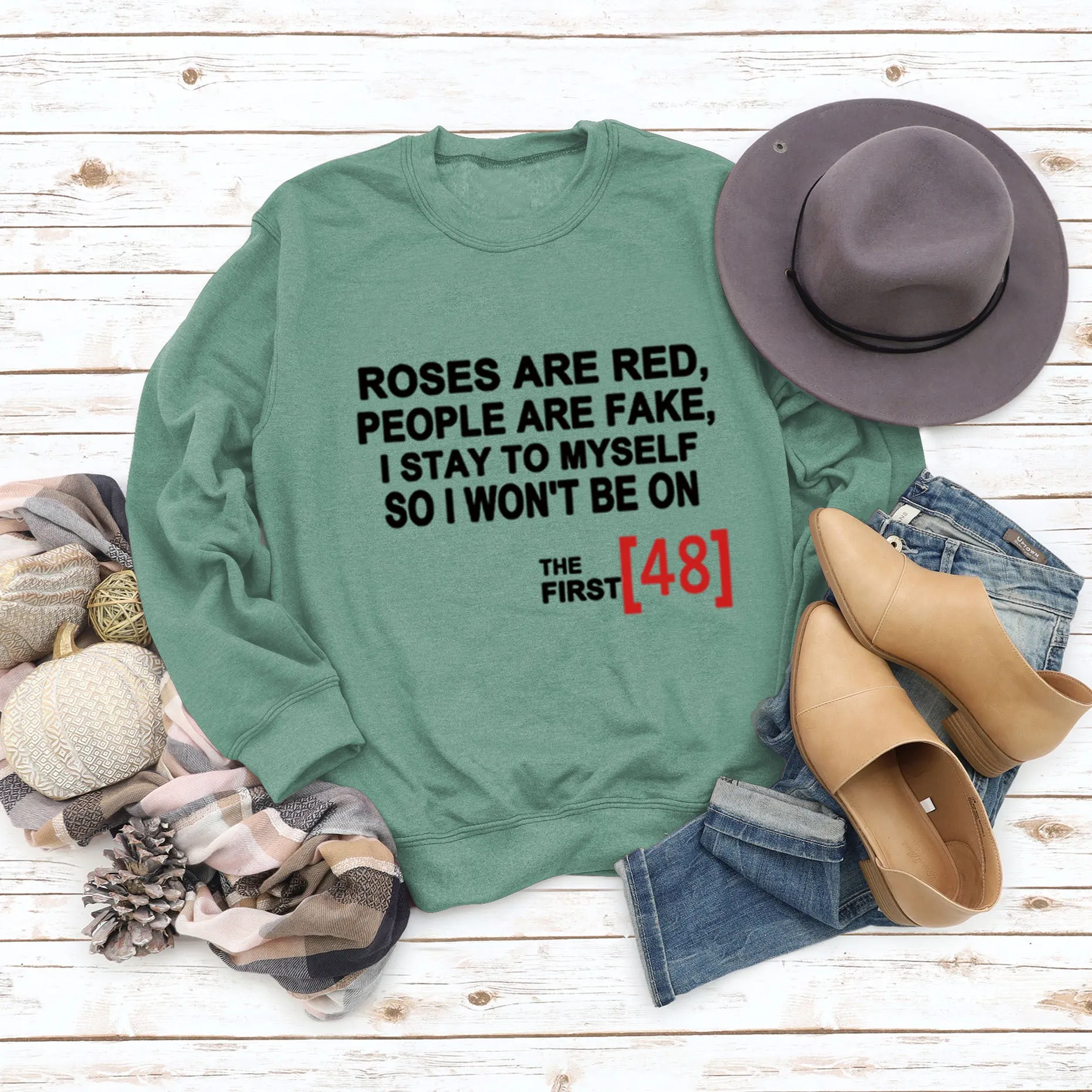 Roses Are Red Autumn and Winter Bottoming Letter Loose Long Sleeve Plus Size Round Neck Sweater