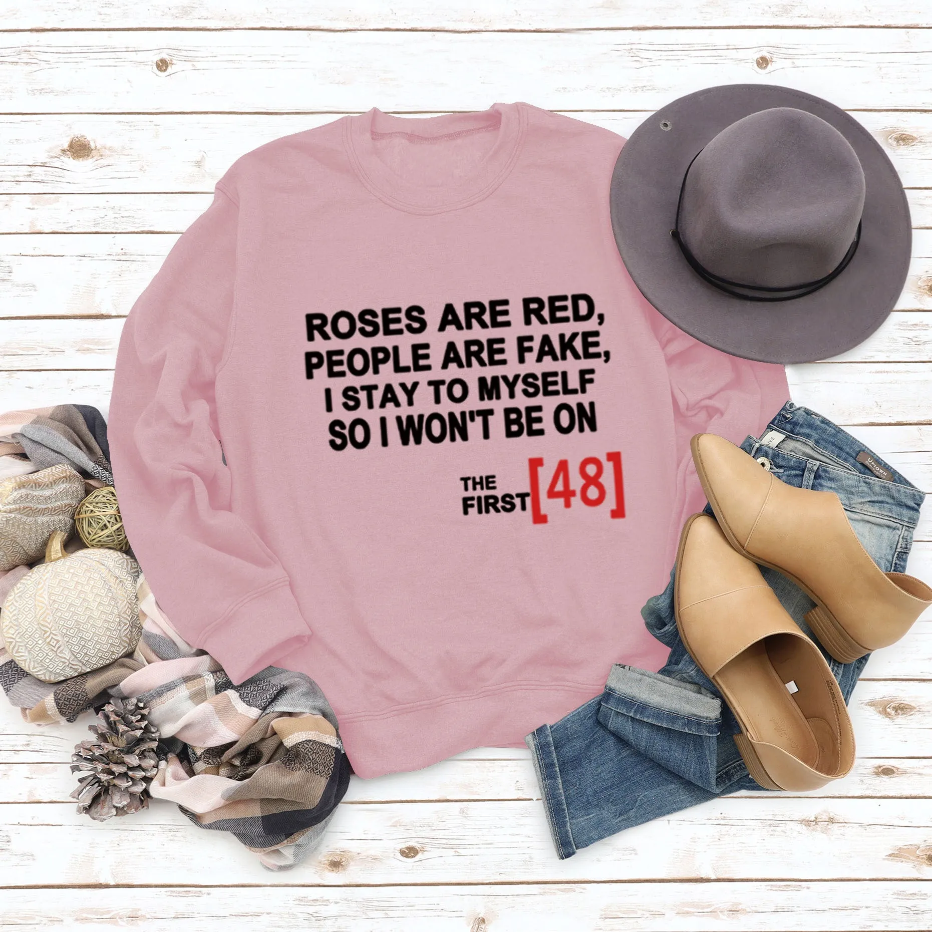 Roses Are Red Autumn and Winter Bottoming Letter Loose Long Sleeve Plus Size Round Neck Sweater