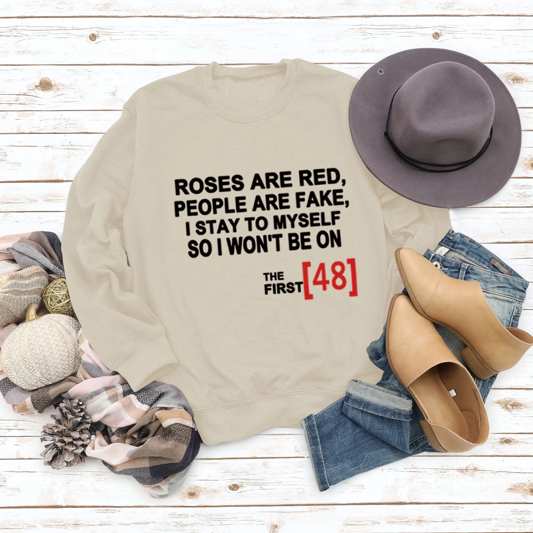 Roses Are Red Autumn and Winter Bottoming Letter Loose Long Sleeve Plus Size Round Neck Sweater