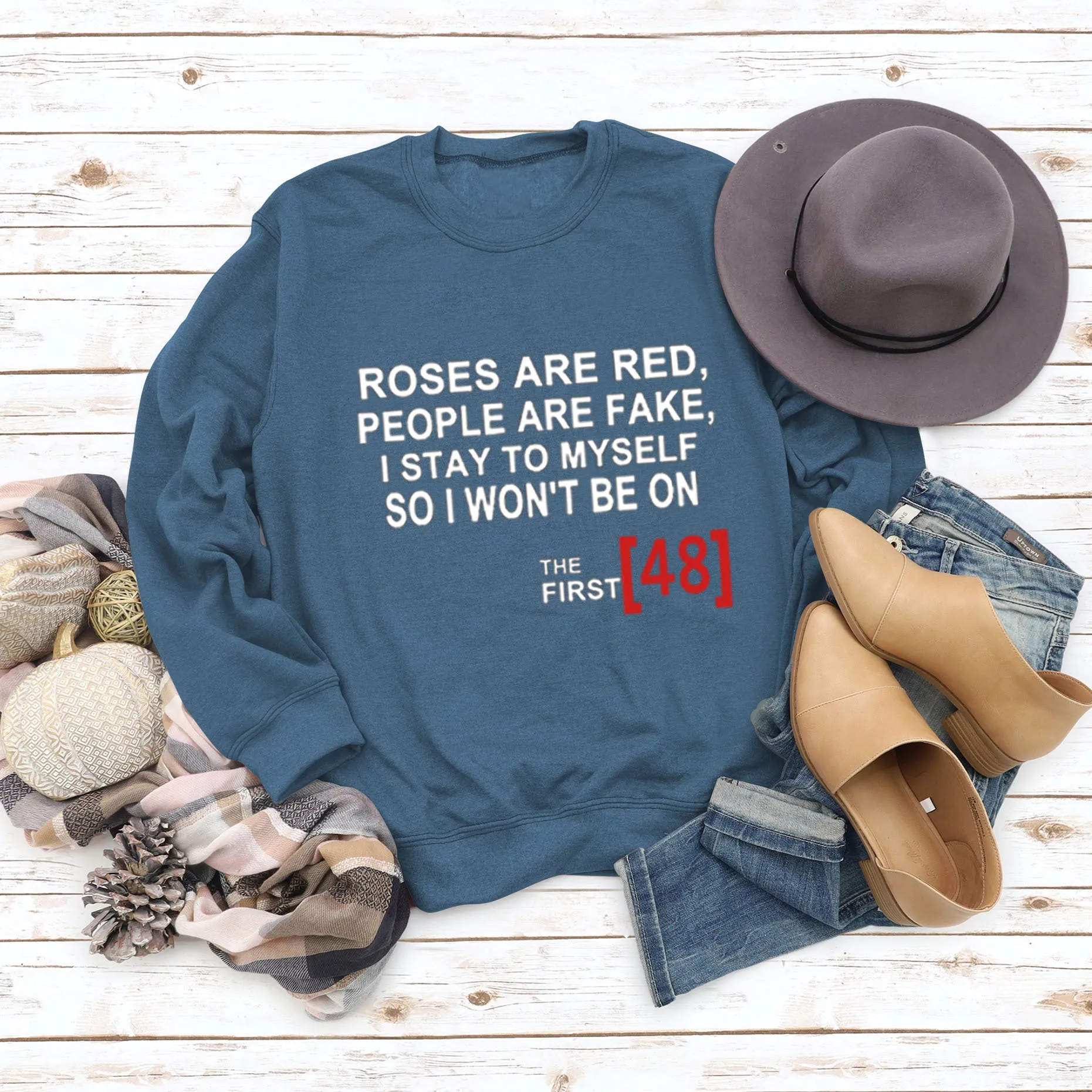 Roses Are Red Autumn and Winter Bottoming Letter Loose Long Sleeve Plus Size Round Neck Sweater