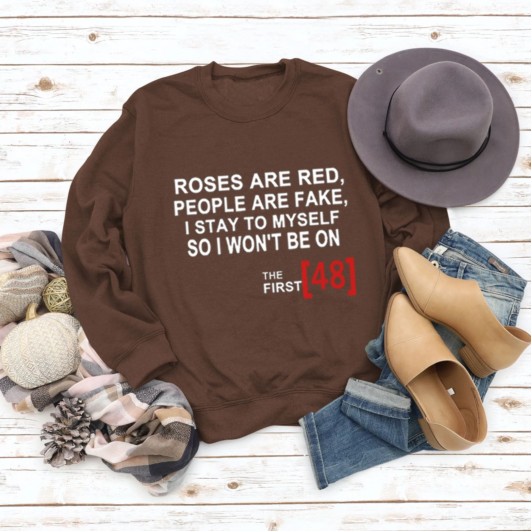 Roses Are Red Autumn and Winter Bottoming Letter Loose Long Sleeve Plus Size Round Neck Sweater