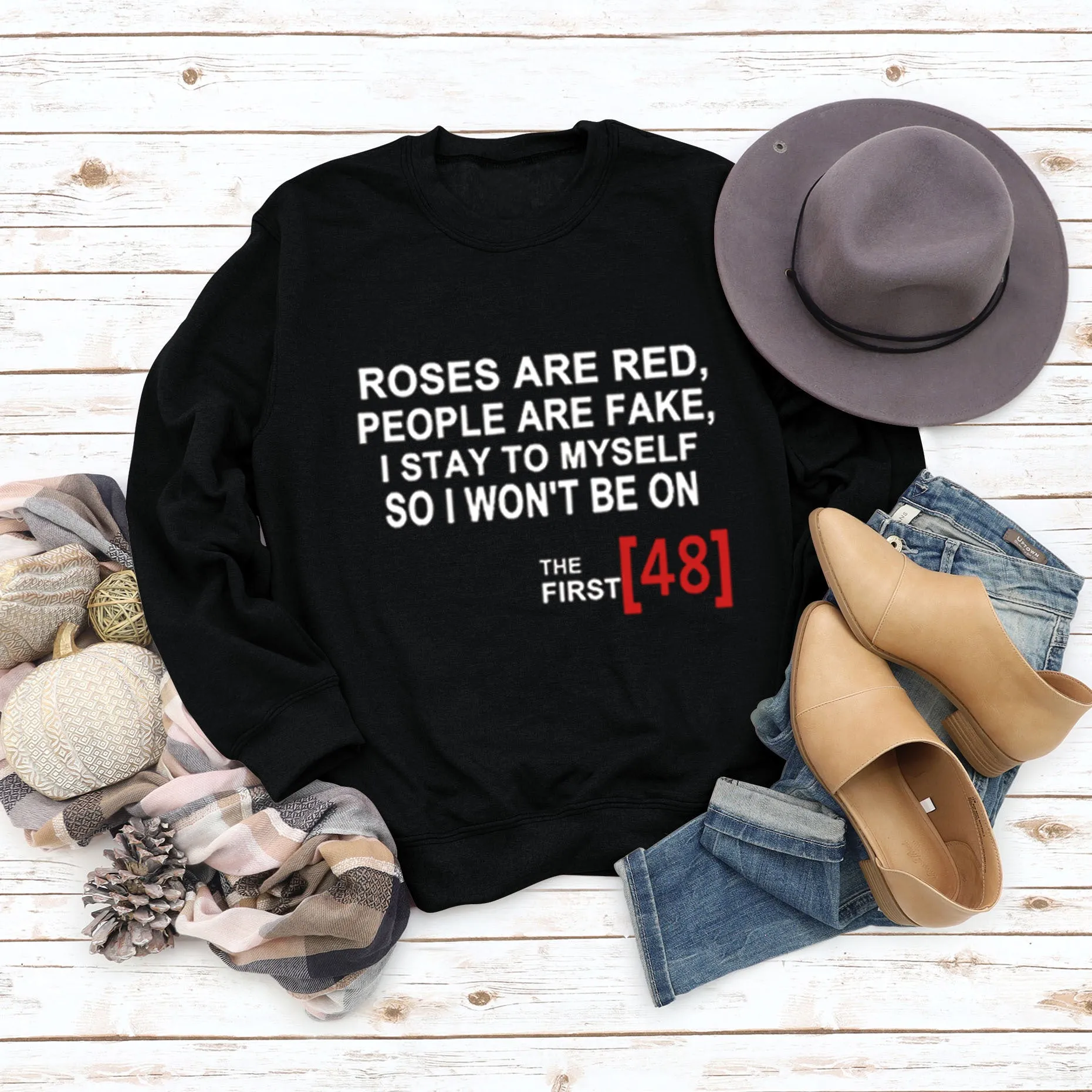 Roses Are Red Autumn and Winter Bottoming Letter Loose Long Sleeve Plus Size Round Neck Sweater