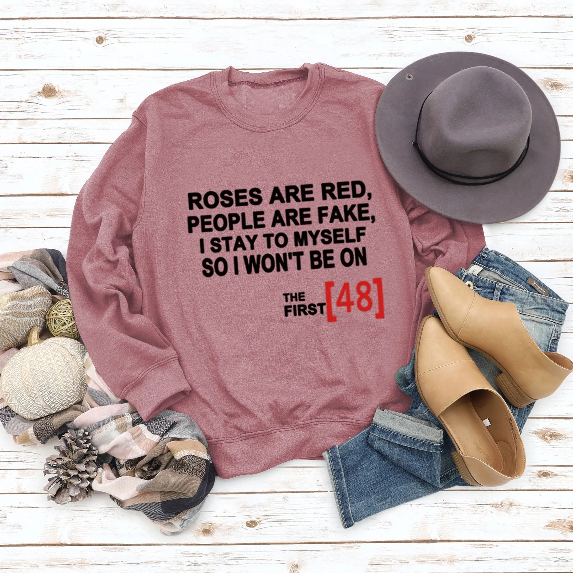 Roses Are Red Autumn and Winter Bottoming Letter Loose Long Sleeve Plus Size Round Neck Sweater