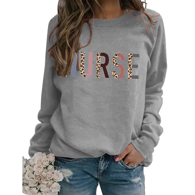 Round Neck Letter Top Long Sleeve Nurse Women's Printed Sweater