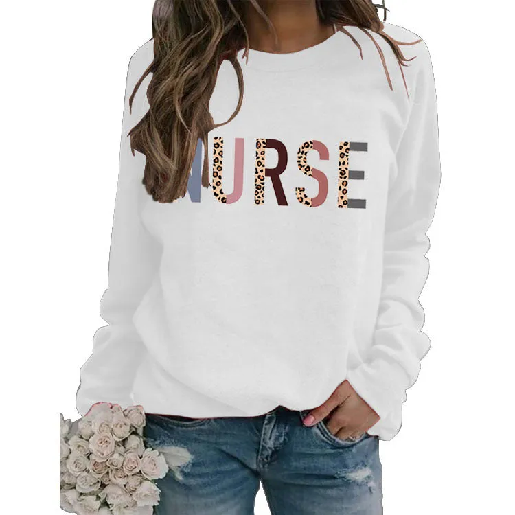 Round Neck Letter Top Long Sleeve Nurse Women's Printed Sweater