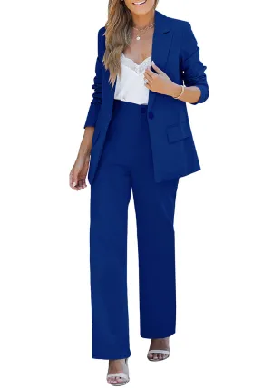 Royal Blue Women's Business Casual 2 Piece Blazer Jacket Straight Leg High Waisted Pants Suits