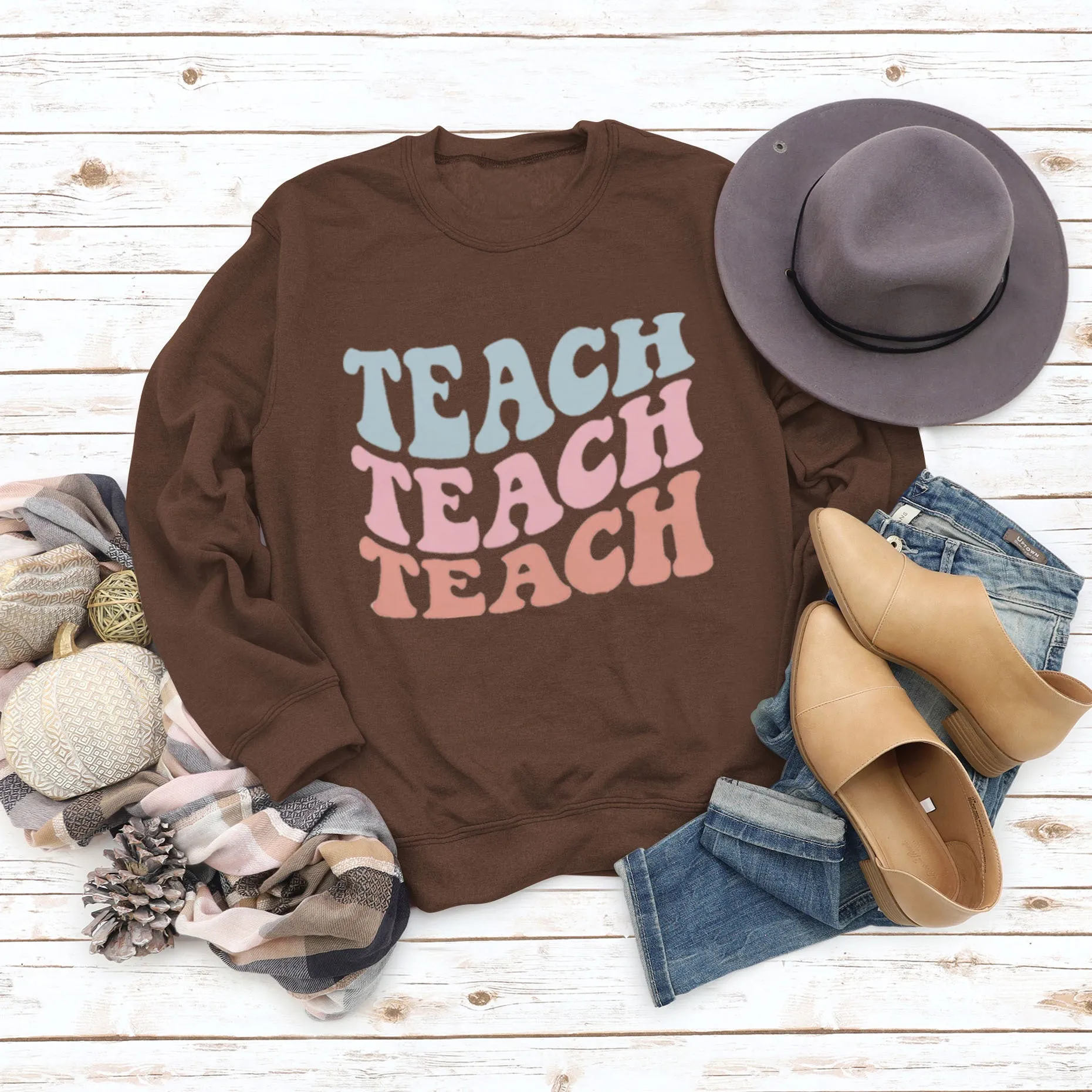 Simple Pullover Long Sleeve Teach Teach Print Loose Sweater