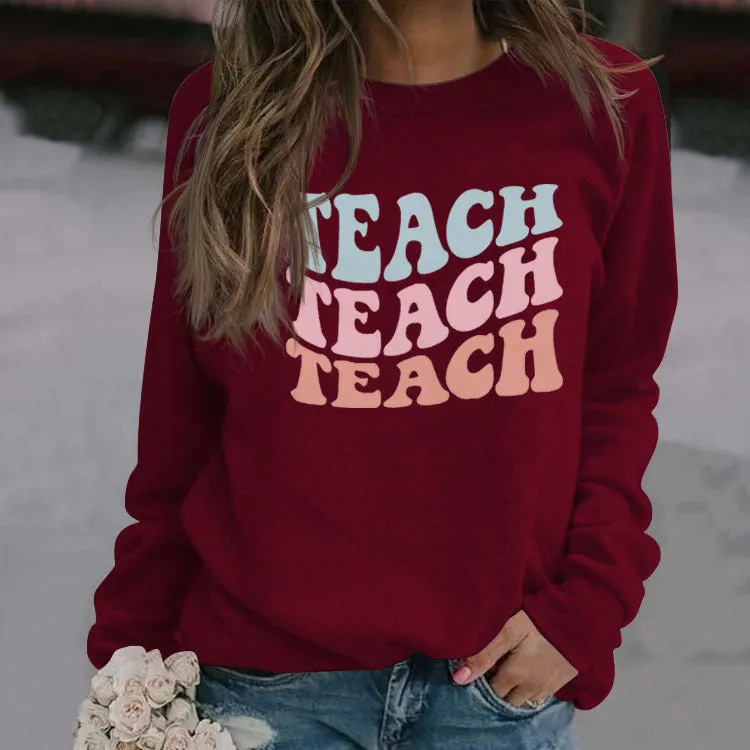 Simple Pullover Long Sleeve Teach Teach Print Loose Sweater