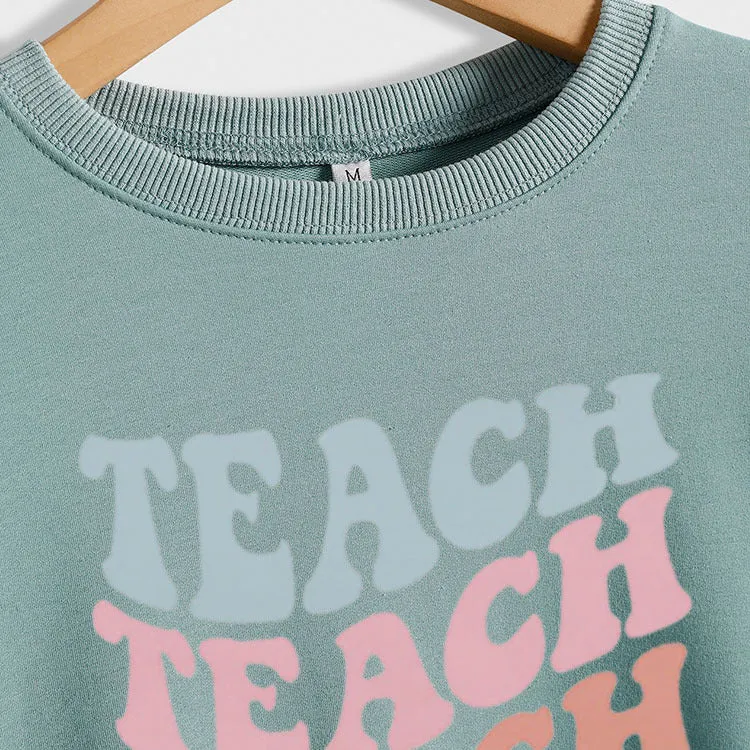 Simple Pullover Long Sleeve Teach Teach Print Loose Sweater