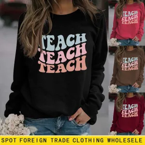 Simple Pullover Long Sleeve Teach Teach Print Loose Sweater