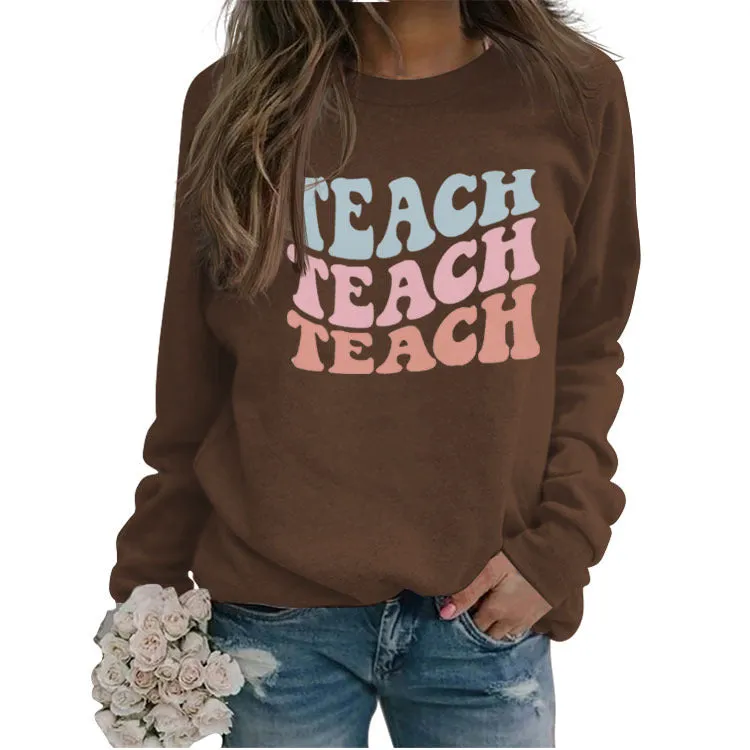 Simple Pullover Long Sleeve Teach Teach Print Loose Sweater