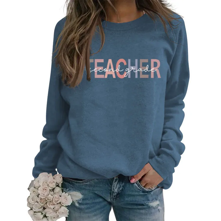 TEACHER SECOND GRADE Letters Round Neck Fashion Long-sleeved Sweater Female