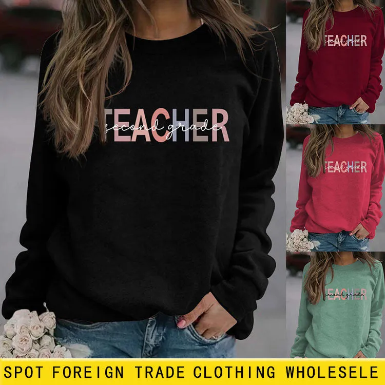 TEACHER SECOND GRADE Letters Round Neck Fashion Long-sleeved Sweater Female