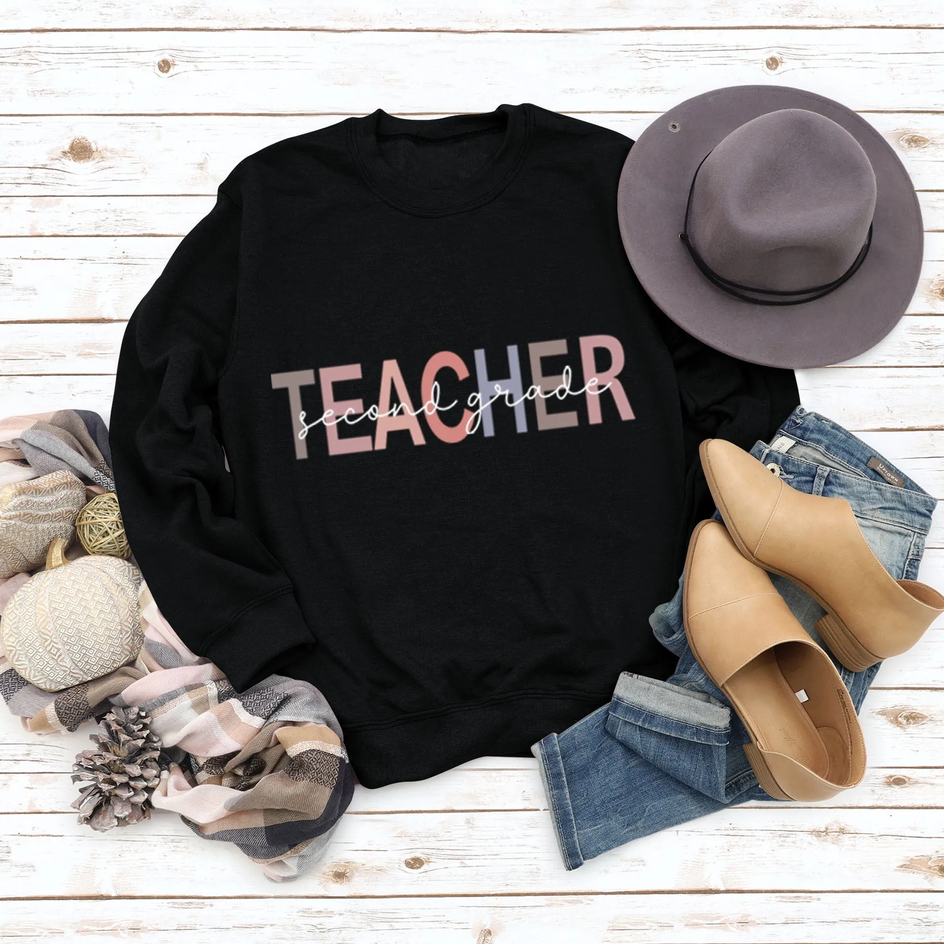 TEACHER SECOND GRADE Letters Round Neck Fashion Long-sleeved Sweater Female