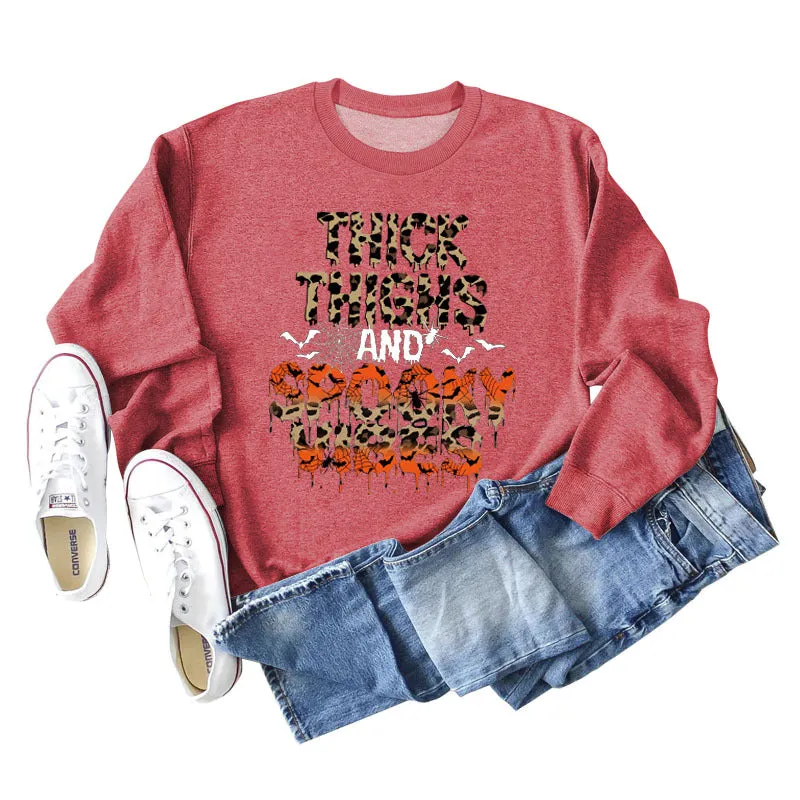 THICK THIGHS AND LETTERS Leopard Crewneck Long Sleeve Shirt Women's Large Sweater