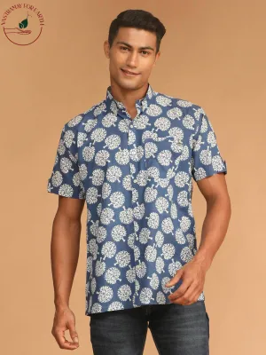 VASTRAMAY Men's Blue Printed Short Sleeve Shirt