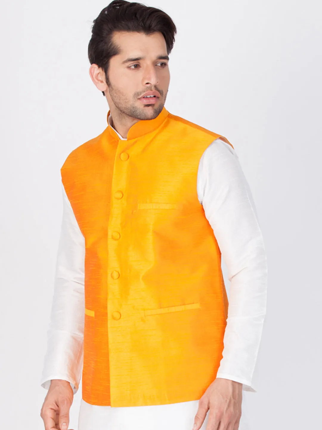 VASTRAMAY Men's Orange Silk Blend Nehru Jacket