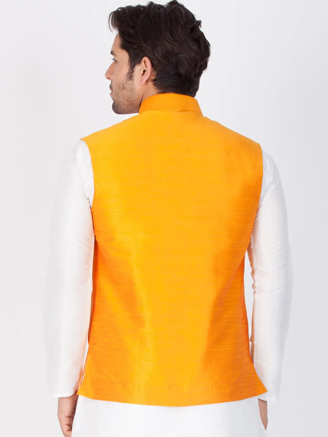 VASTRAMAY Men's Orange Silk Blend Nehru Jacket