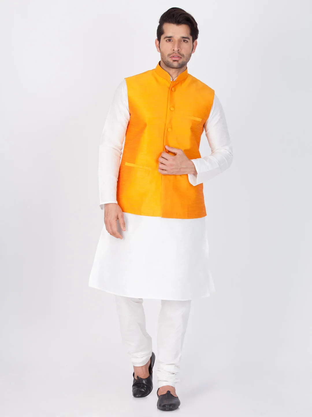 VASTRAMAY Men's Orange Silk Blend Nehru Jacket