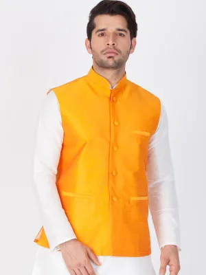 VASTRAMAY Men's Orange Silk Blend Nehru Jacket