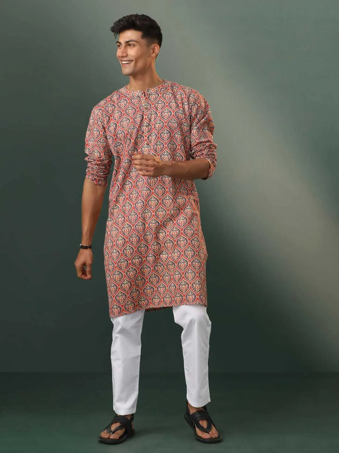 VASTRAMAY Red Ajrakh Print Kurta Pyjama