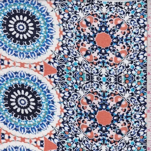 White/Orange/Navy Circle Medallion Rayon Crinkle Fabric