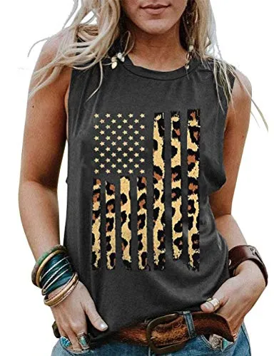 Women Leopard American USA Flag Patriotic Tank 4th of July Tank Top for Women