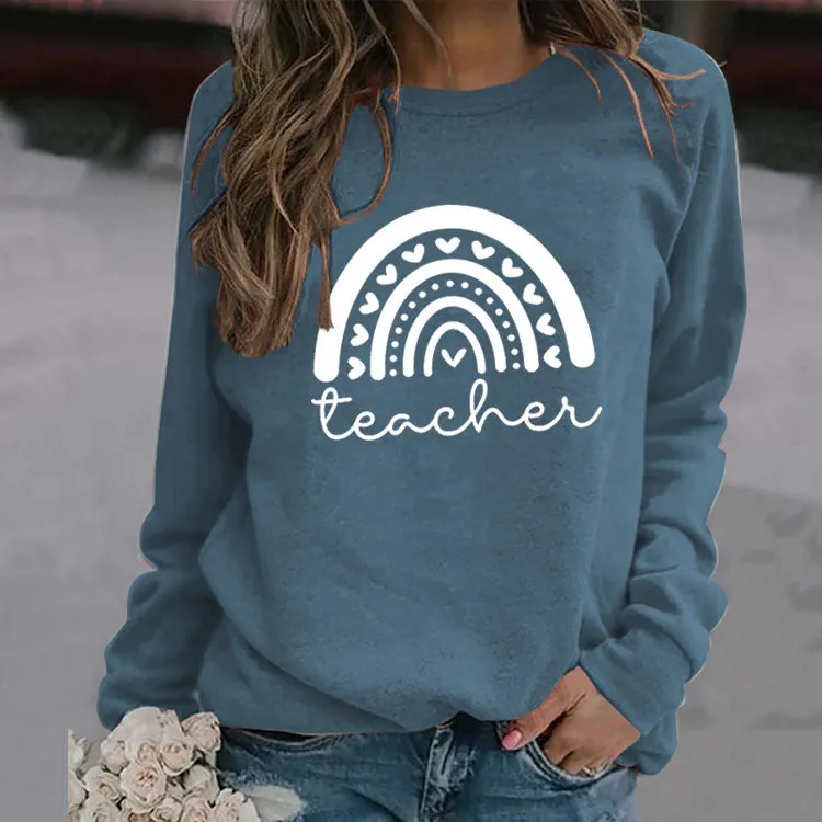 Womens Bottoming Tops Long Sleeve Teacher Letters Loose Round Neck Sweatshirt