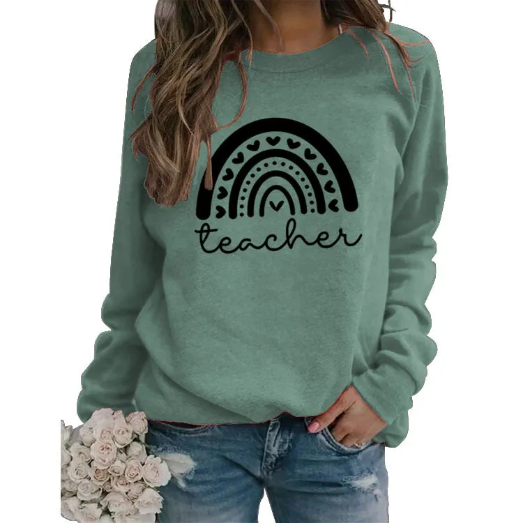 Womens Bottoming Tops Long Sleeve Teacher Letters Loose Round Neck Sweatshirt