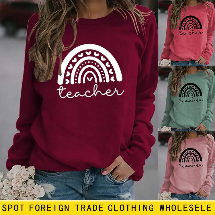 Womens Bottoming Tops Long Sleeve Teacher Letters Loose Round Neck Sweatshirt